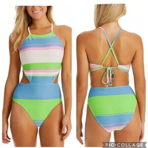 Jessica Simpson Striped V-Front Cutout One-Piece Swimsuit, S